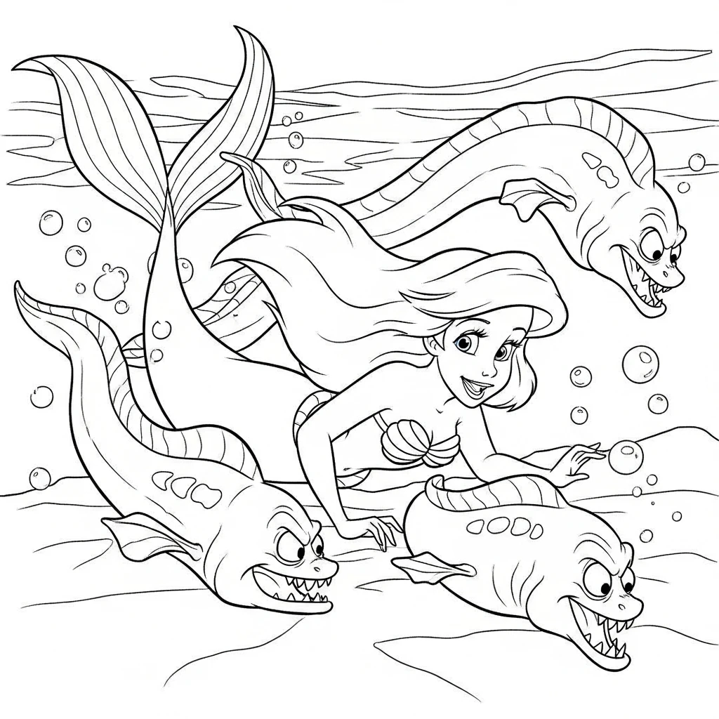 Coloriage Ariel avec Flotsam et Jetsam à Imprimer