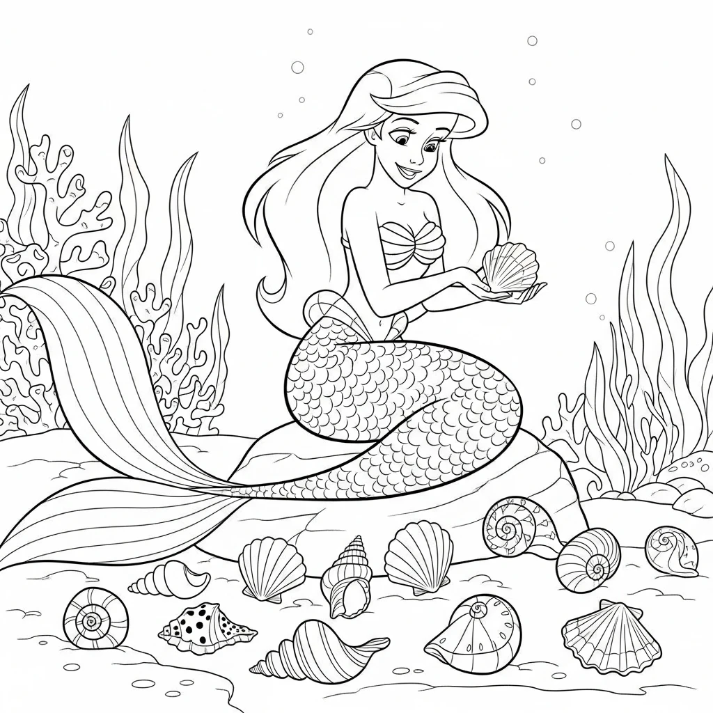 Coloriage Ariel avec des Coquillages à Imprimer