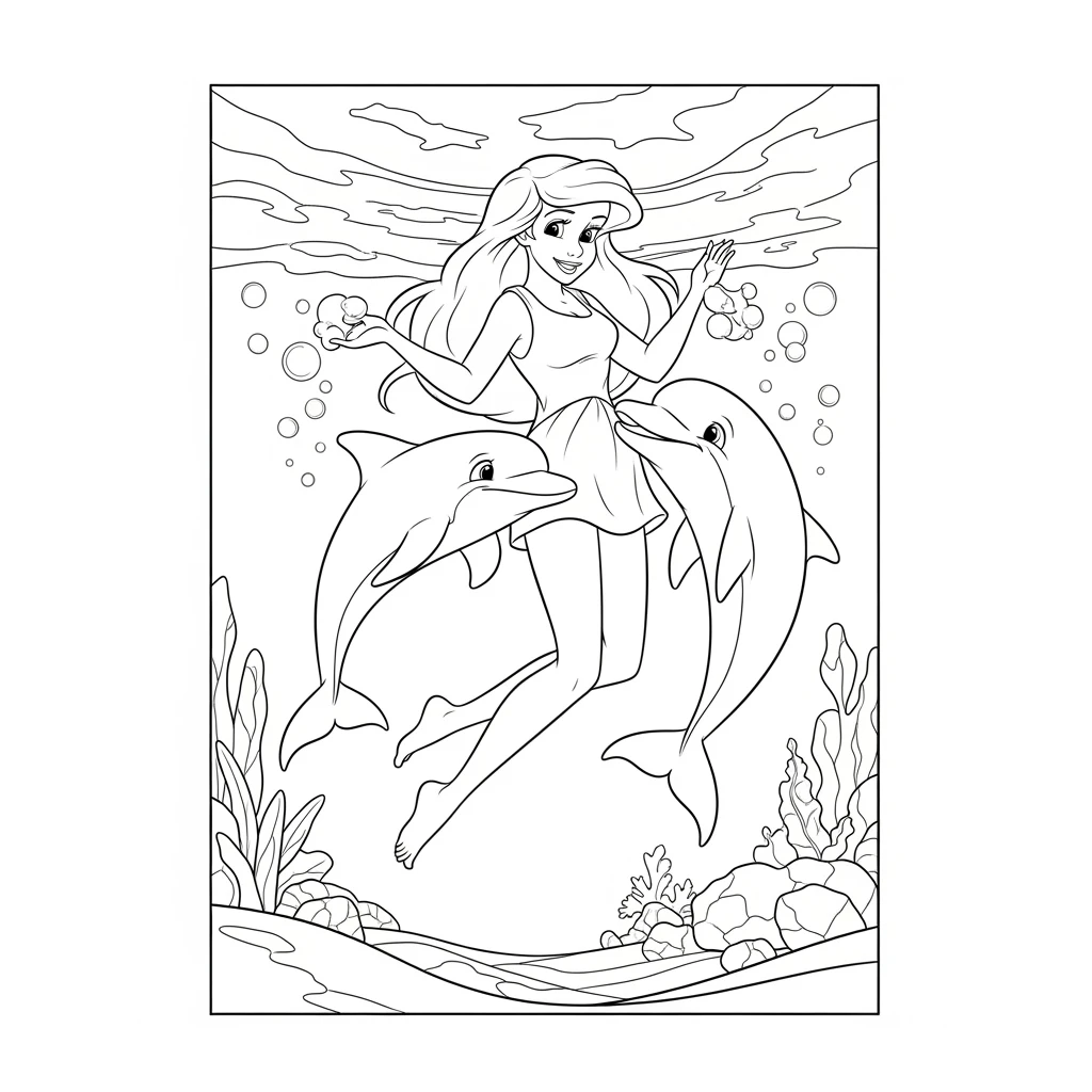 Coloriage Ariel avec des Dauphins à Imprimer