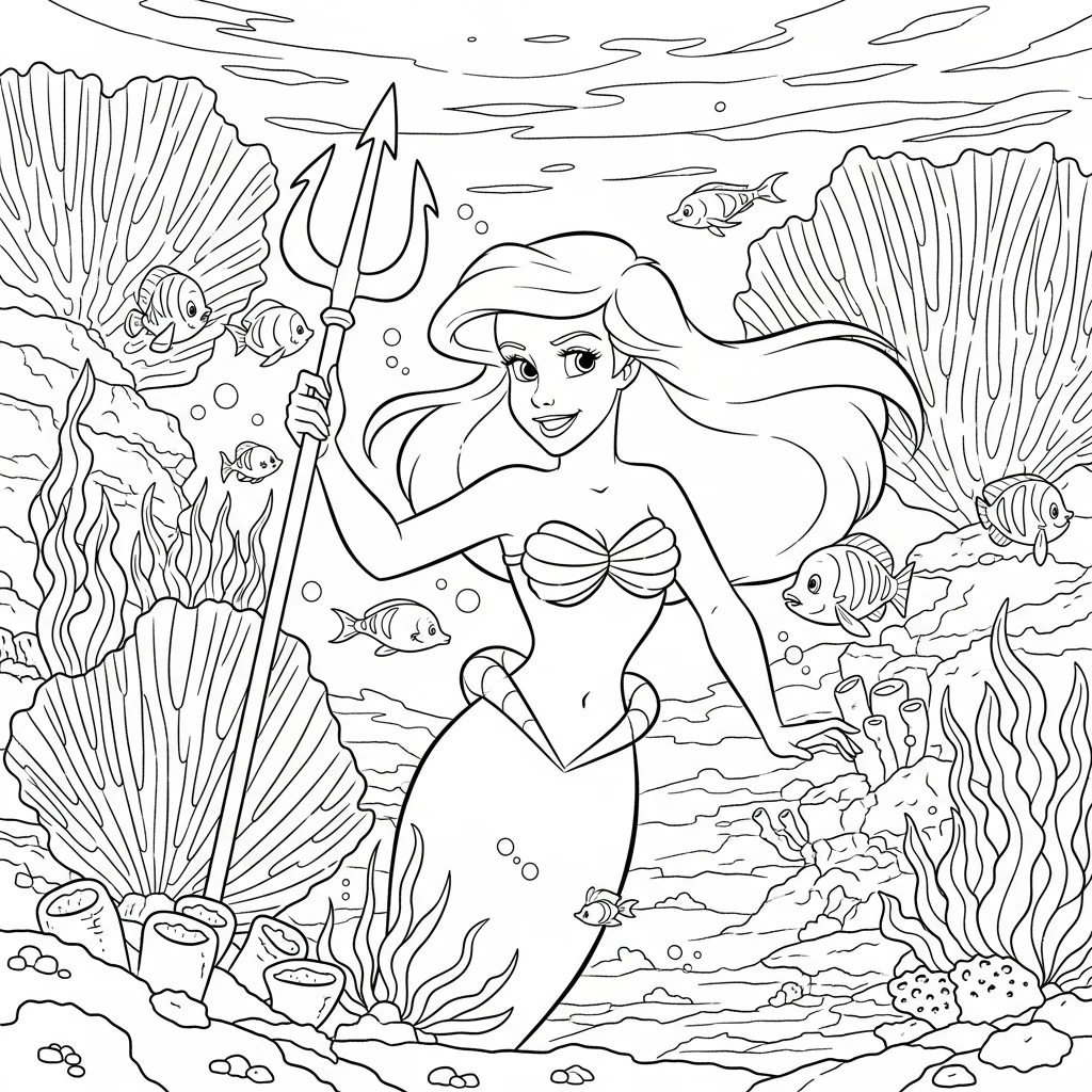 Coloriage Ariel avec un Trident à Imprimer