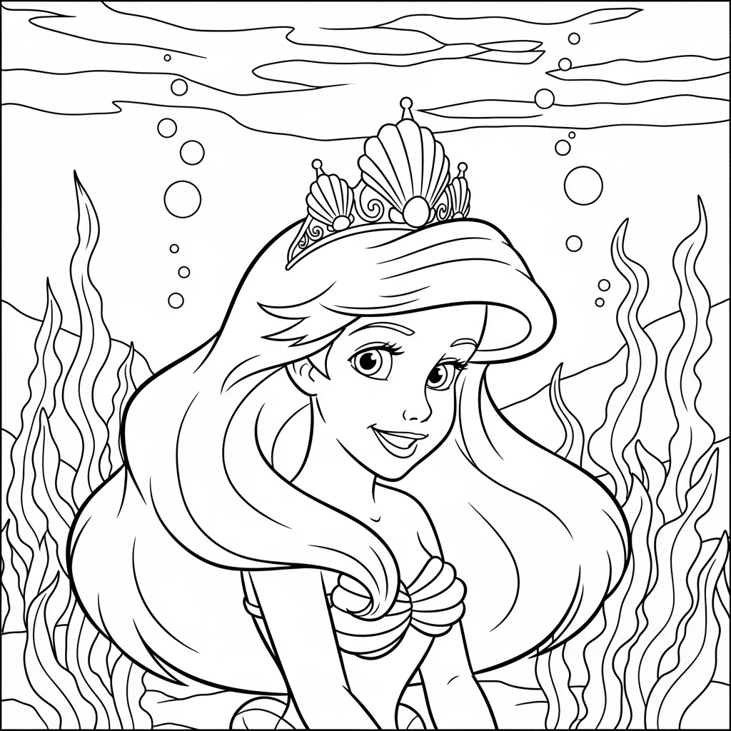 Coloriage Ariel avec une Couronne à Imprimer