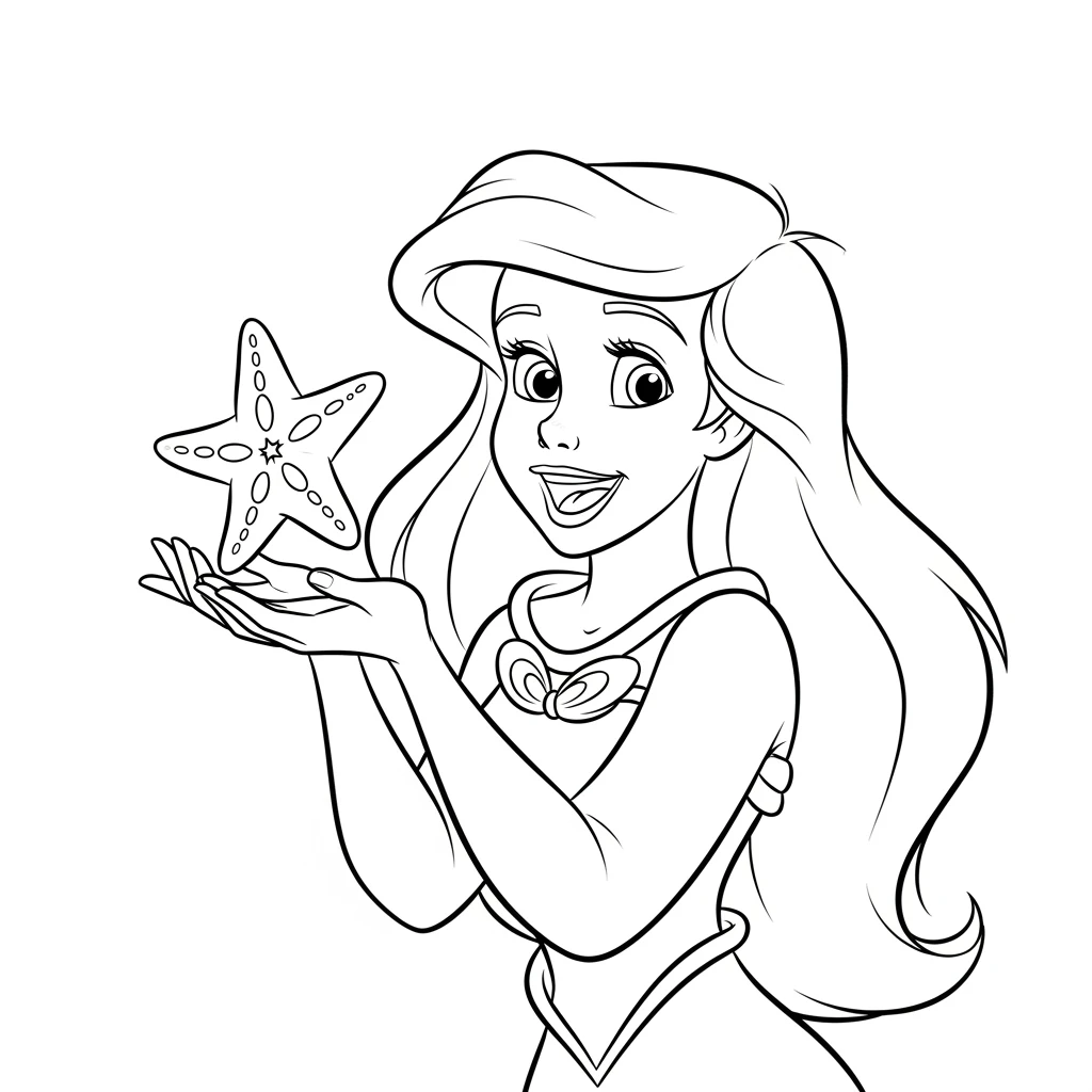 Coloriage Ariel avec une Étoile de Mer à Imprimer