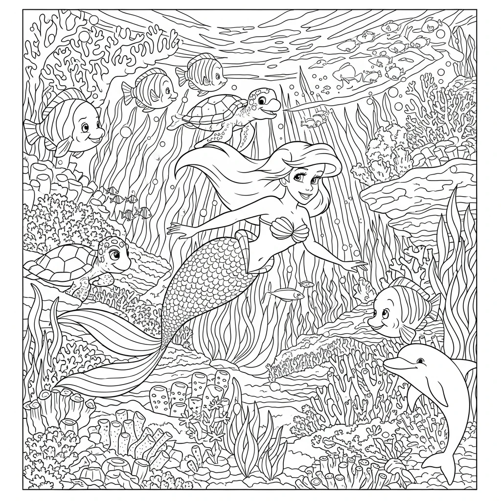 Coloriage Ariel dans un Océan Coloré à Imprimer