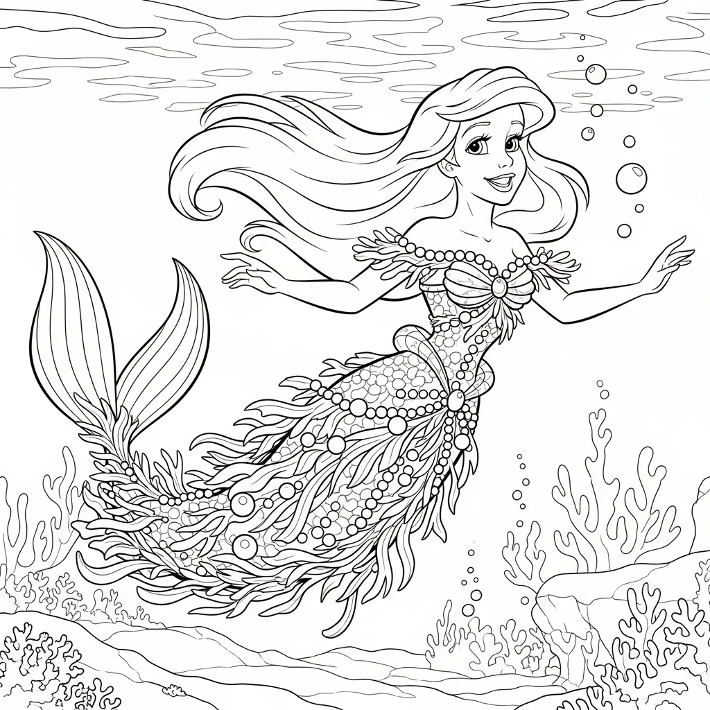 Coloriage Ariel dans une Belle Robe à Imprimer