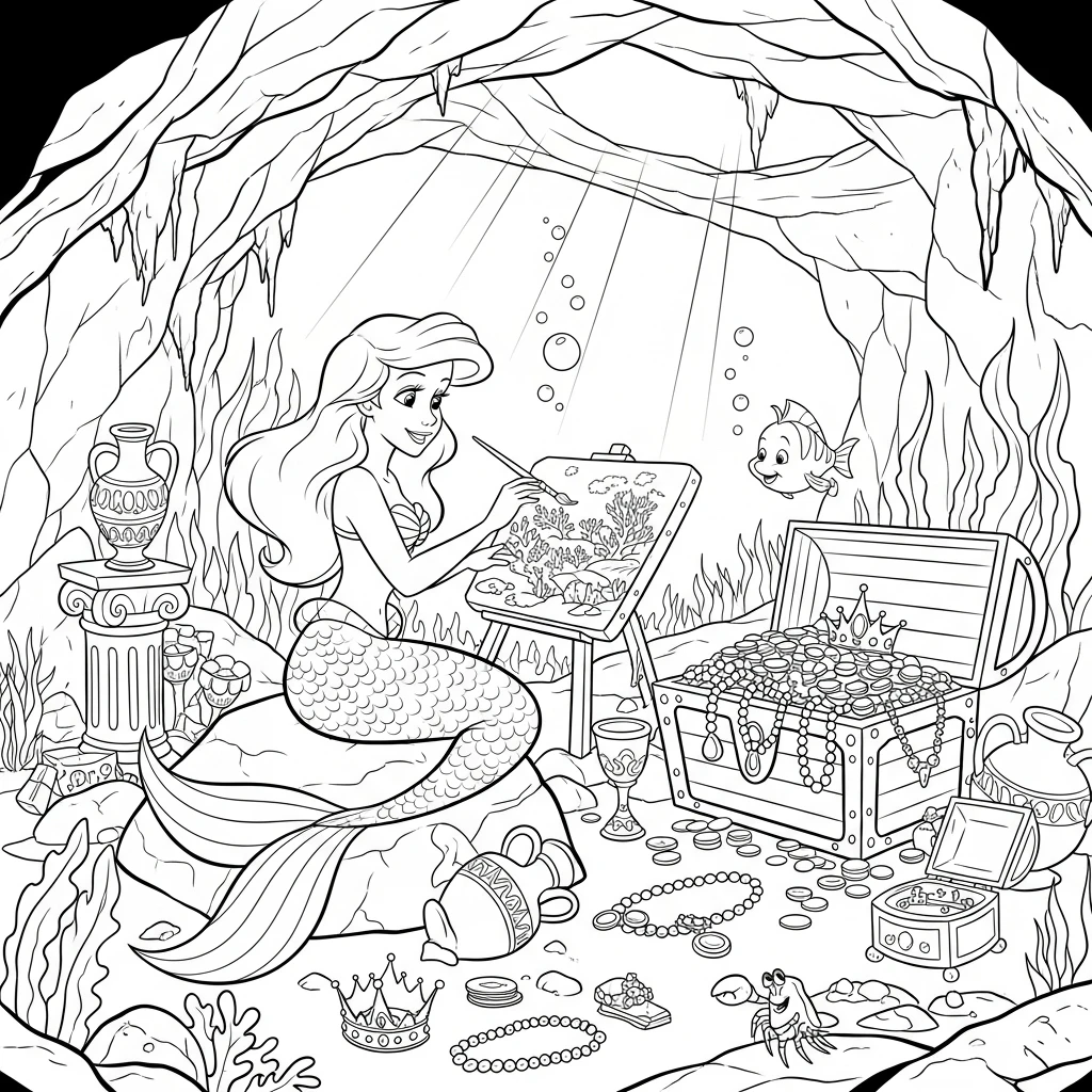 Coloriage Ariel dans une Grotte Sous-Marine à Imprimer