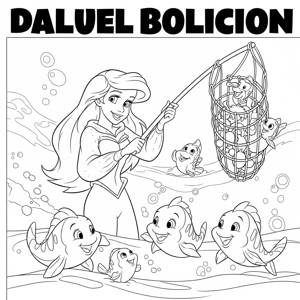 Coloriage Ariel en Pêche à Imprimer