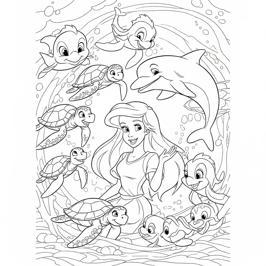 Coloriage Ariel et les Animaux Marins à Imprimer