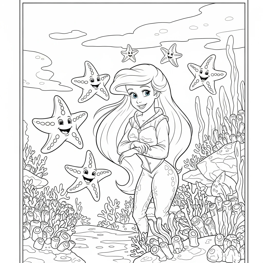 Coloriage Ariel et les Étoiles de Mer à Imprimer