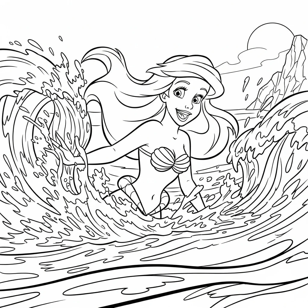 Coloriage Ariel et les Vagues à Imprimer