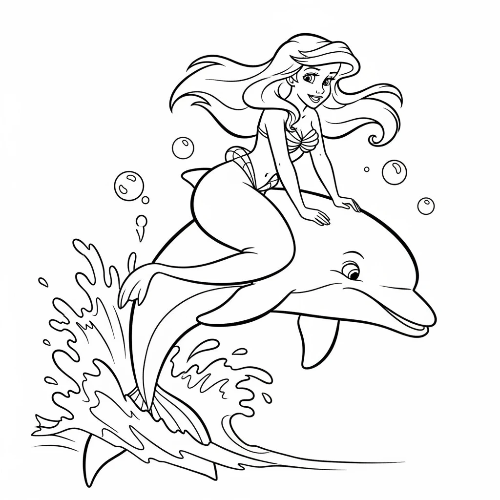 Coloriage Ariel et un Dauphin à Imprimer