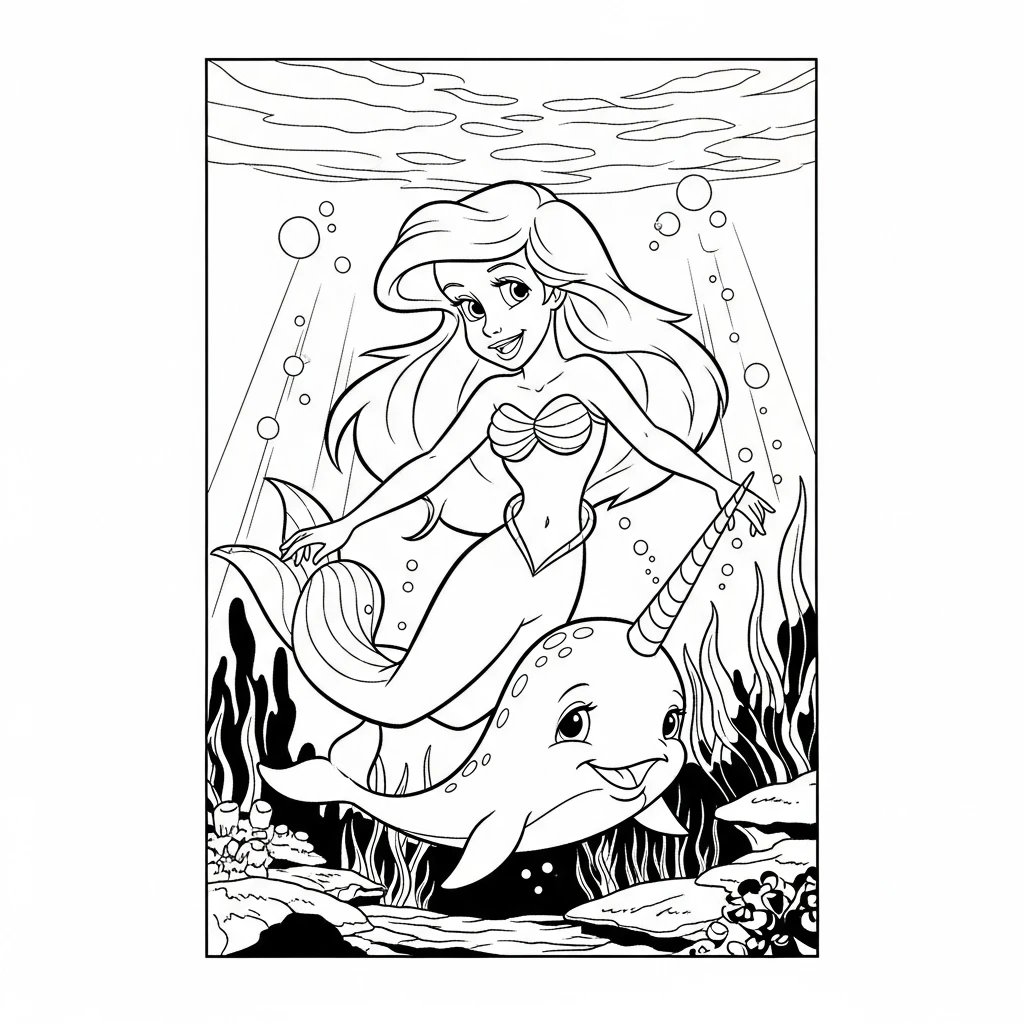 Coloriage Ariel et un Narval à Imprimer