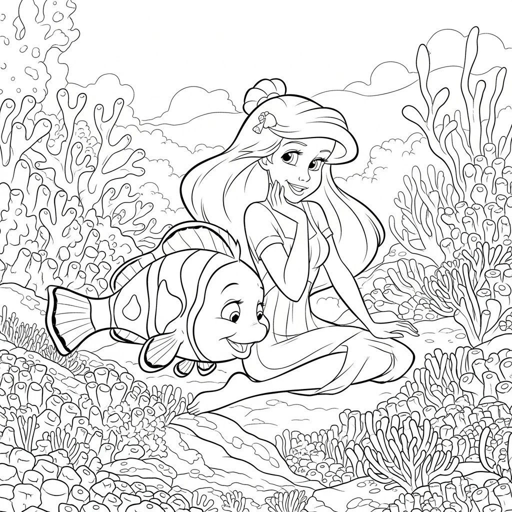 Coloriage Ariel et un Poisson Clown à Imprimer