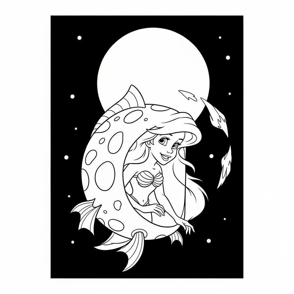 Coloriage Ariel et un Poisson-Lune à Imprimer