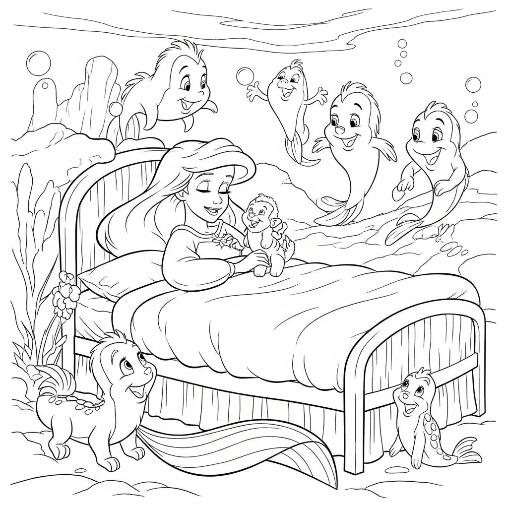 Coloriage Ariel et un Réveil de Sirène à Imprimer