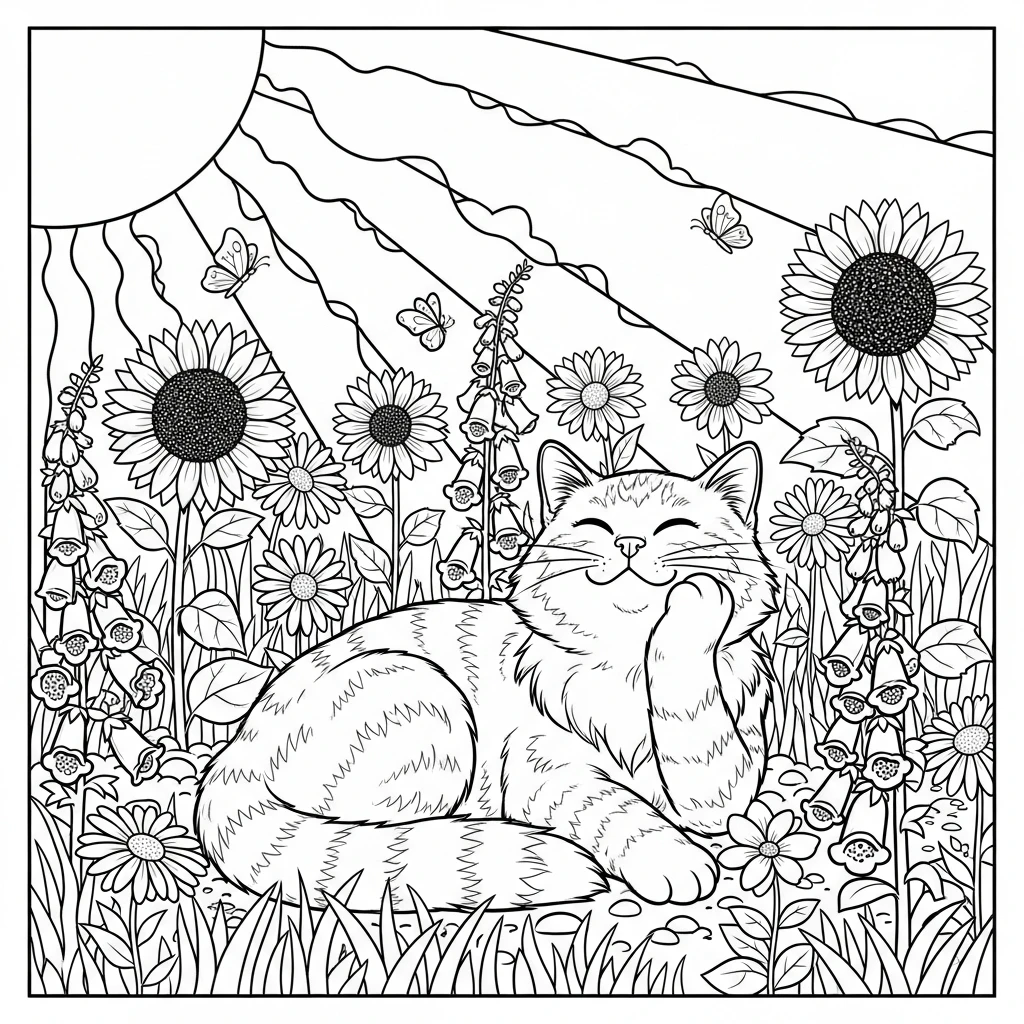 Coloriage Chats dans un Jardin à Imprimer
