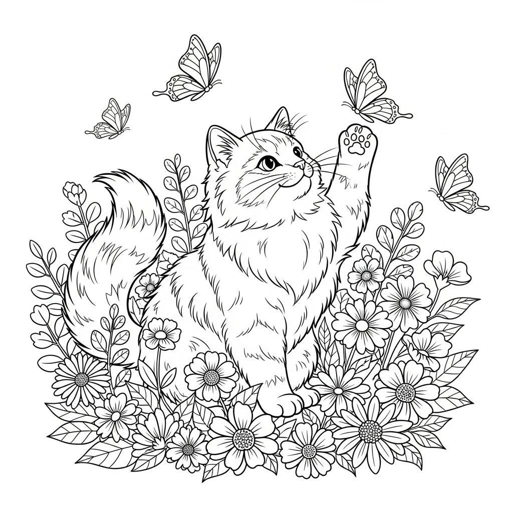 Coloriage Chats et Fleurs à Imprimer