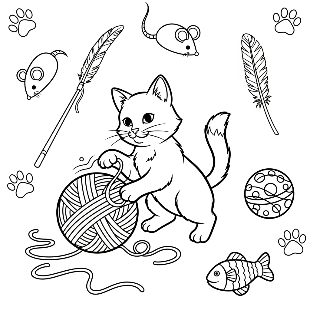 Coloriage Chats et Jouets à Imprimer