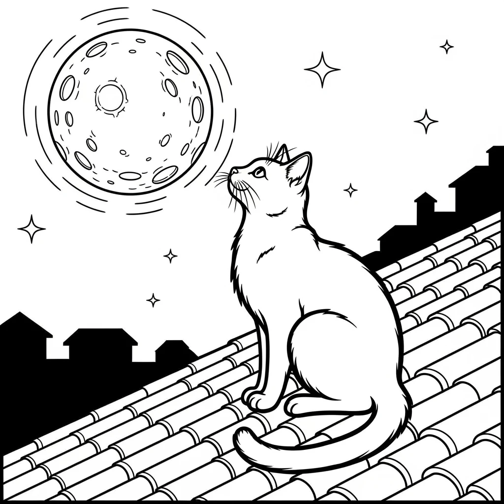 Coloriage Chats et Lune à Imprimer