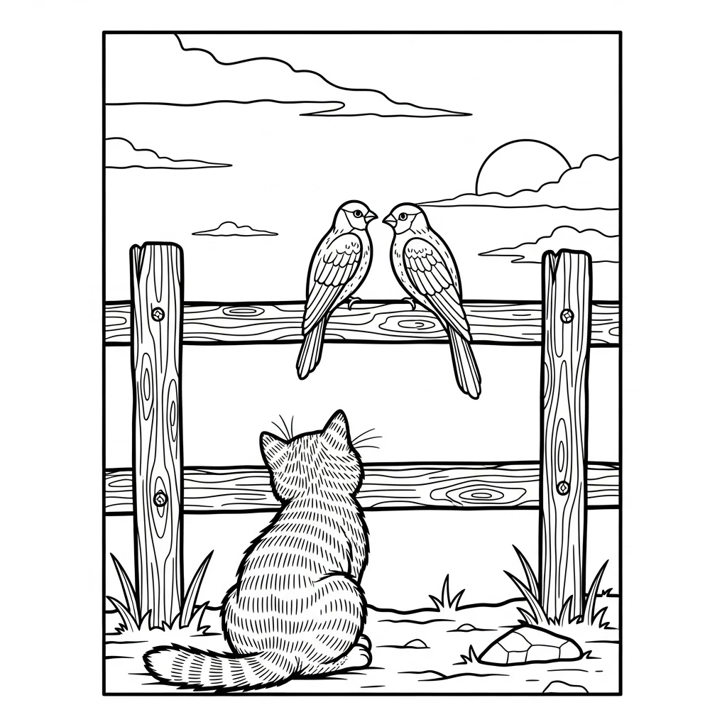 Coloriage Chats et Oiseaux à Imprimer
