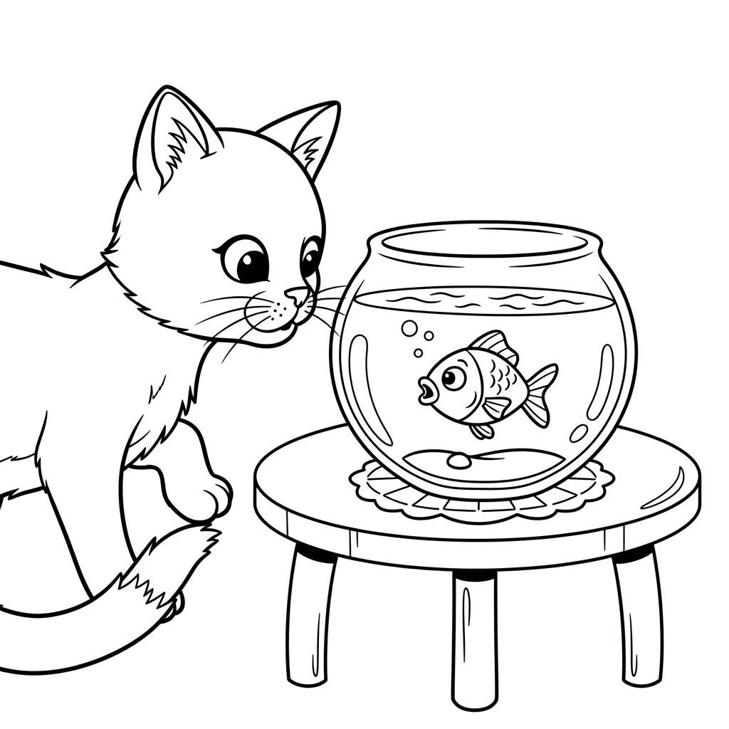 Coloriage Chats et Poissons à Imprimer