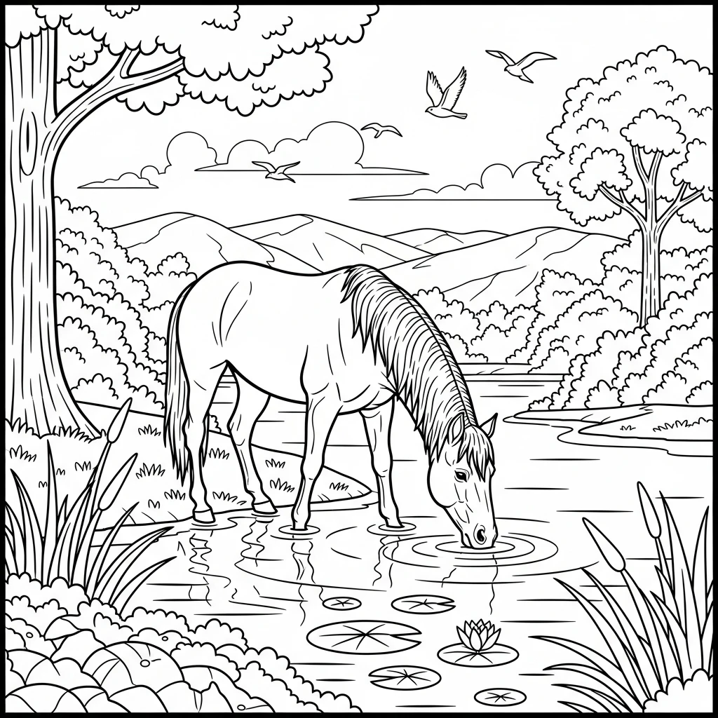 Coloriage Cheval au Bord de l'Eau à Imprimer