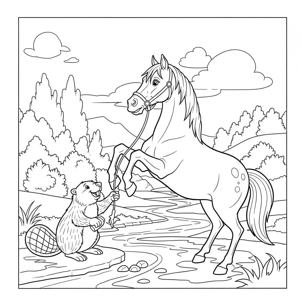 Coloriage Cheval avec Castor à Imprimer