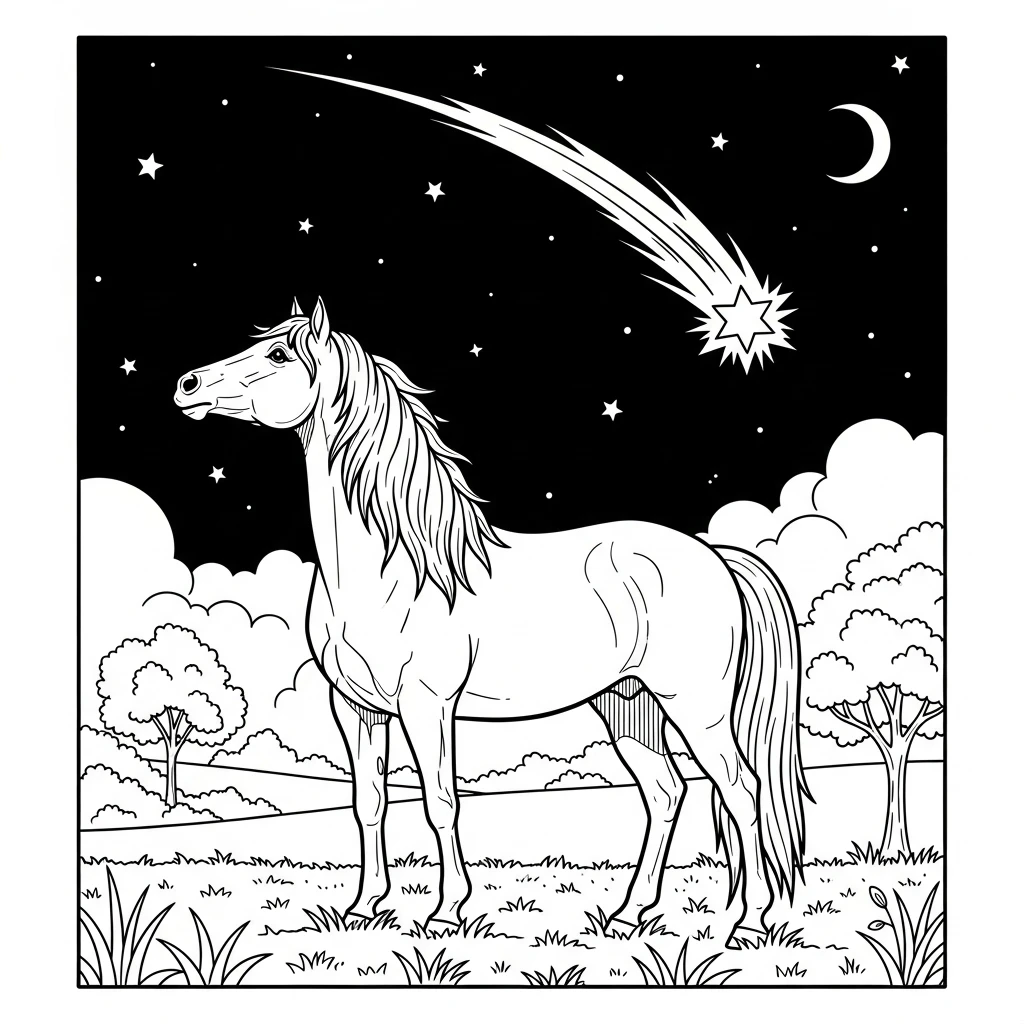 Coloriage Cheval avec une Étoile Filante à Imprimer