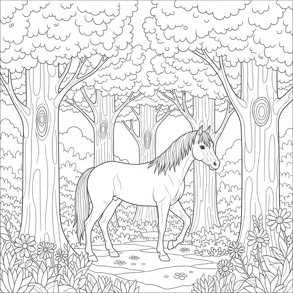 Coloriage Cheval dans la Forêt à Imprimer