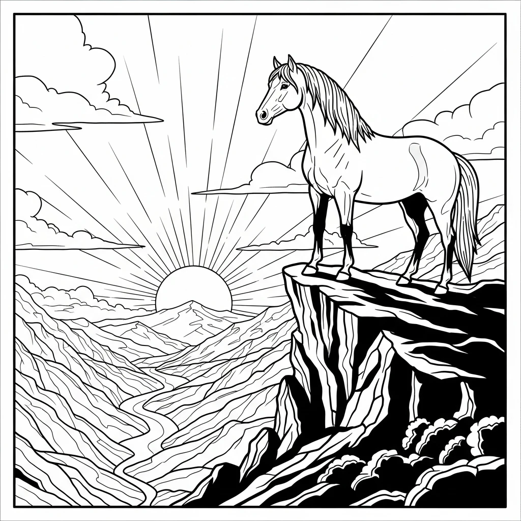 Coloriage Cheval en Montagne à Imprimer
