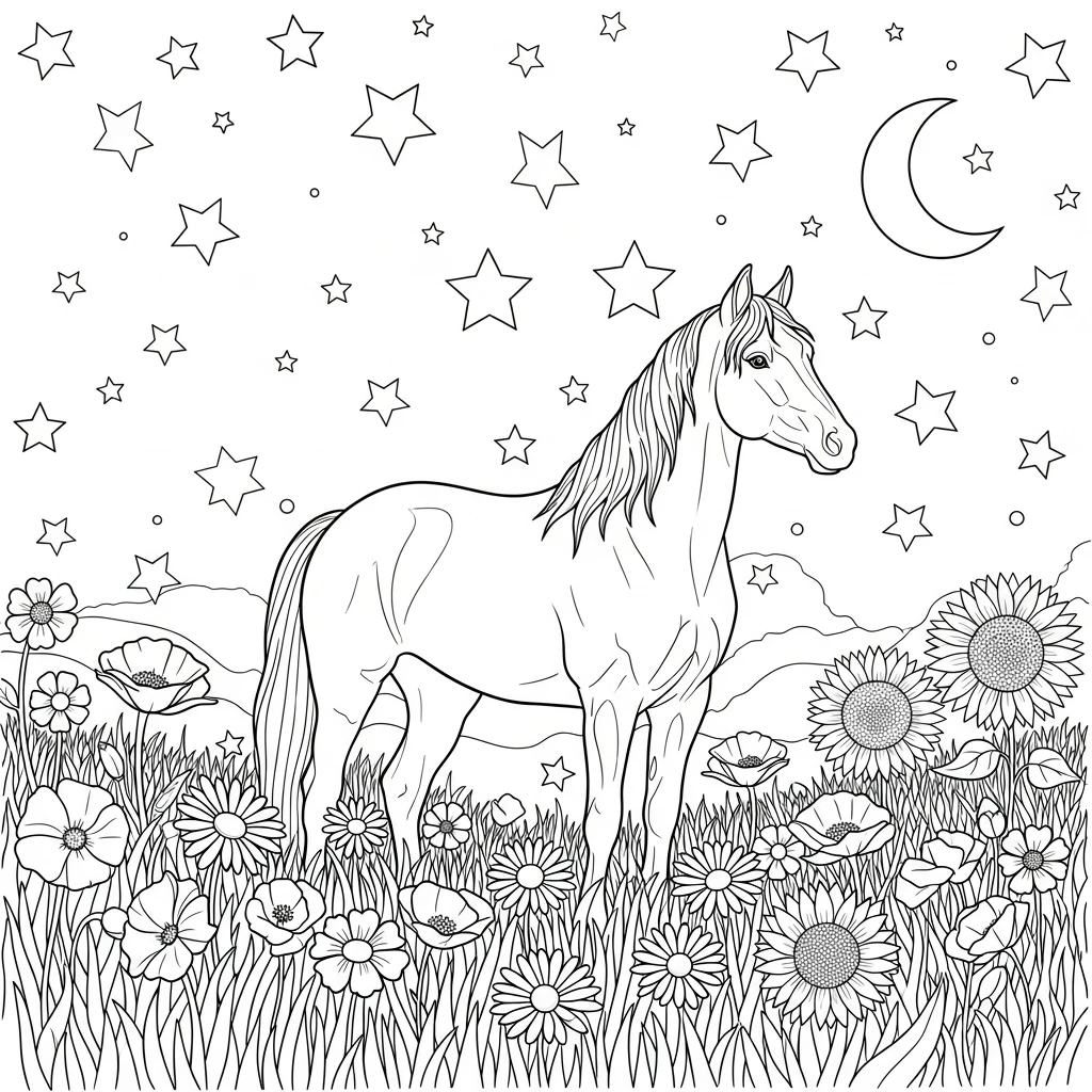 Coloriage Cheval et Ciel Étoilé à Imprimer