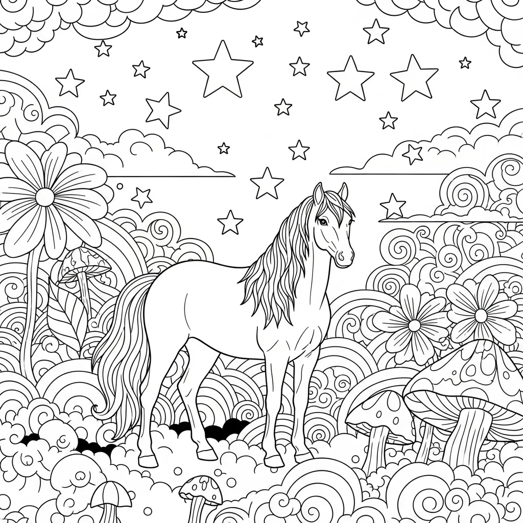 Coloriage Cheval et Étoiles à Imprimer