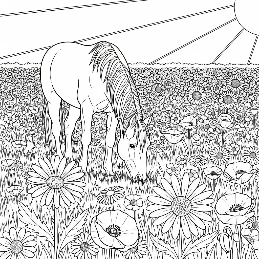 Coloriage Cheval et Fleurs à Imprimer