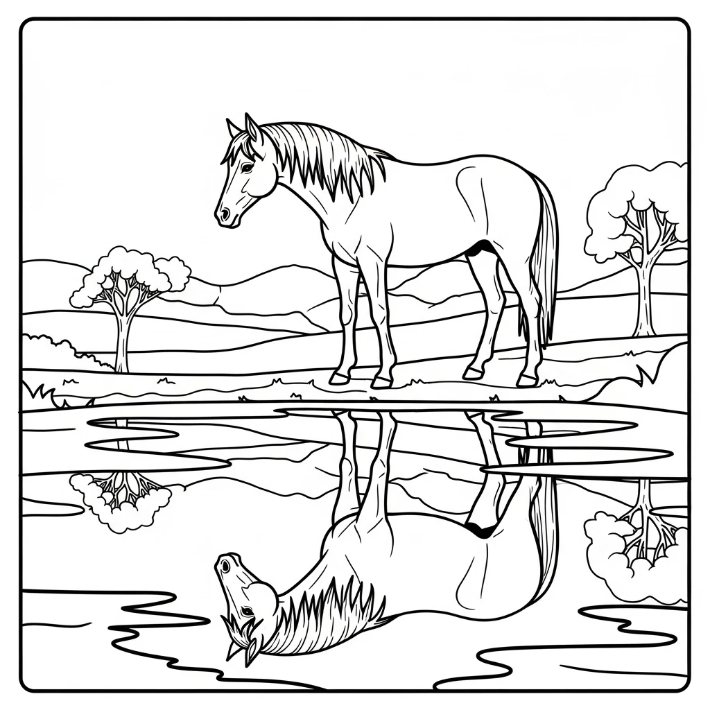 Coloriage Cheval et Son Reflet à Imprimer