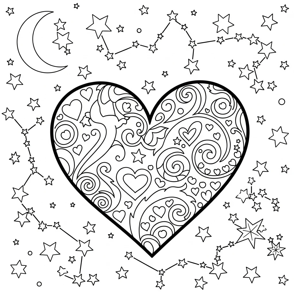 Coloriage Cœur dans les Étoiles à Imprimer