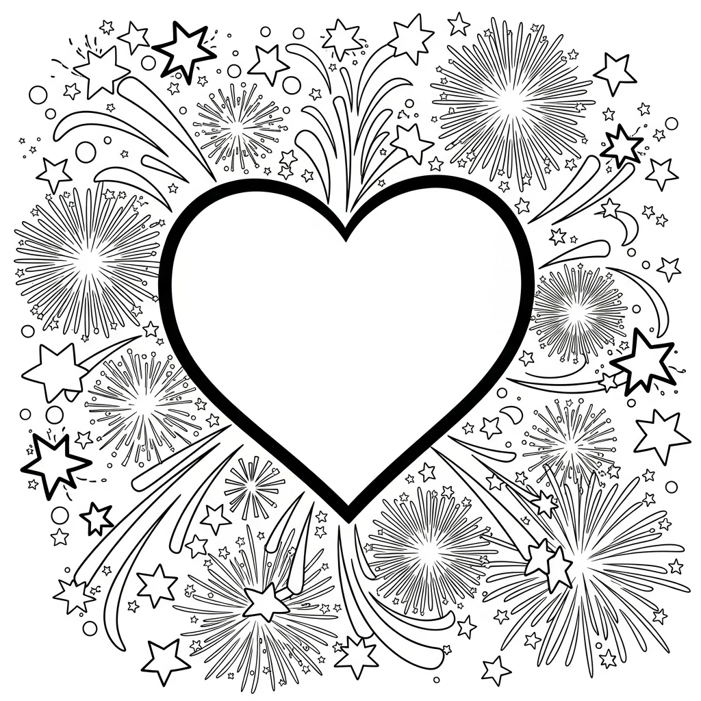 Coloriage Cœur de Feu d'Artifice à Imprimer