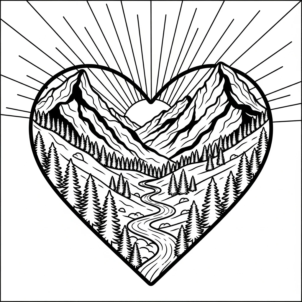 Coloriage Cœur de Montagne à Imprimer