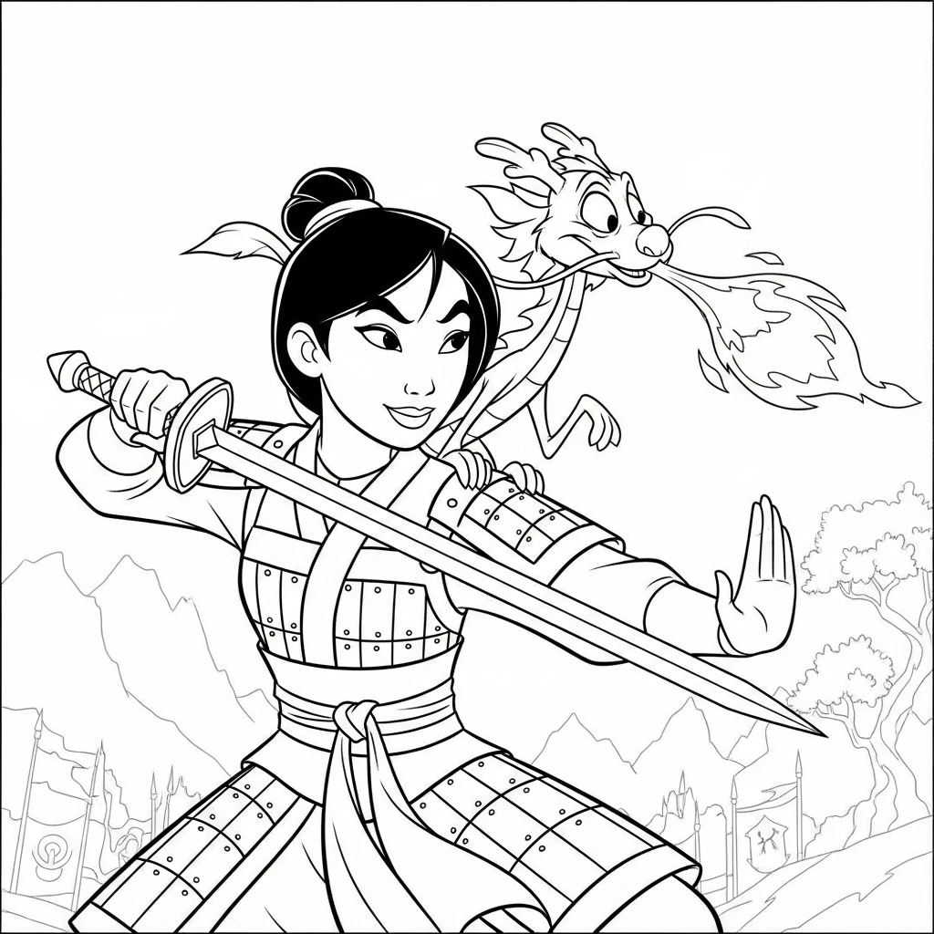 Coloriage Disney Mulan et Mushu à Imprimer