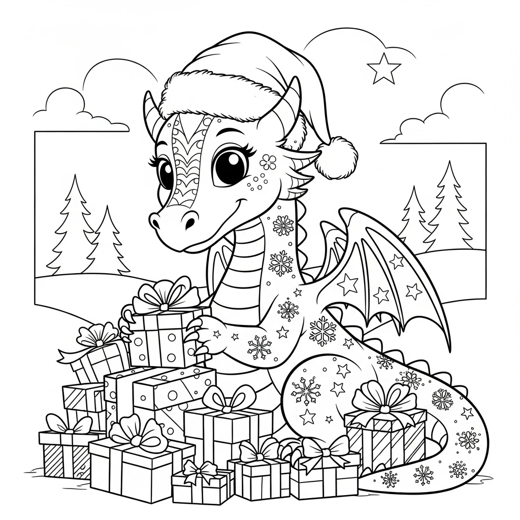 Coloriage Dragon de Noël à Imprimer