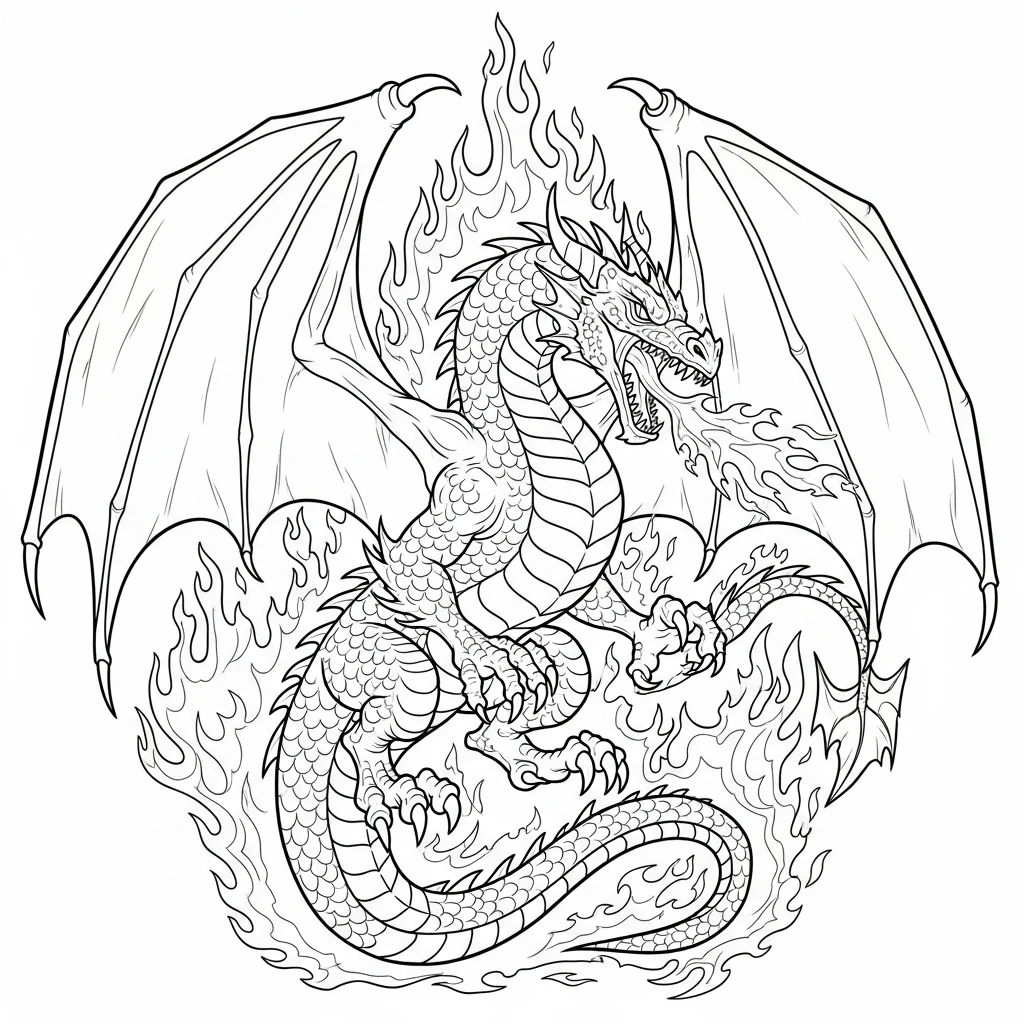 Coloriage Dragon en Feu à Imprimer