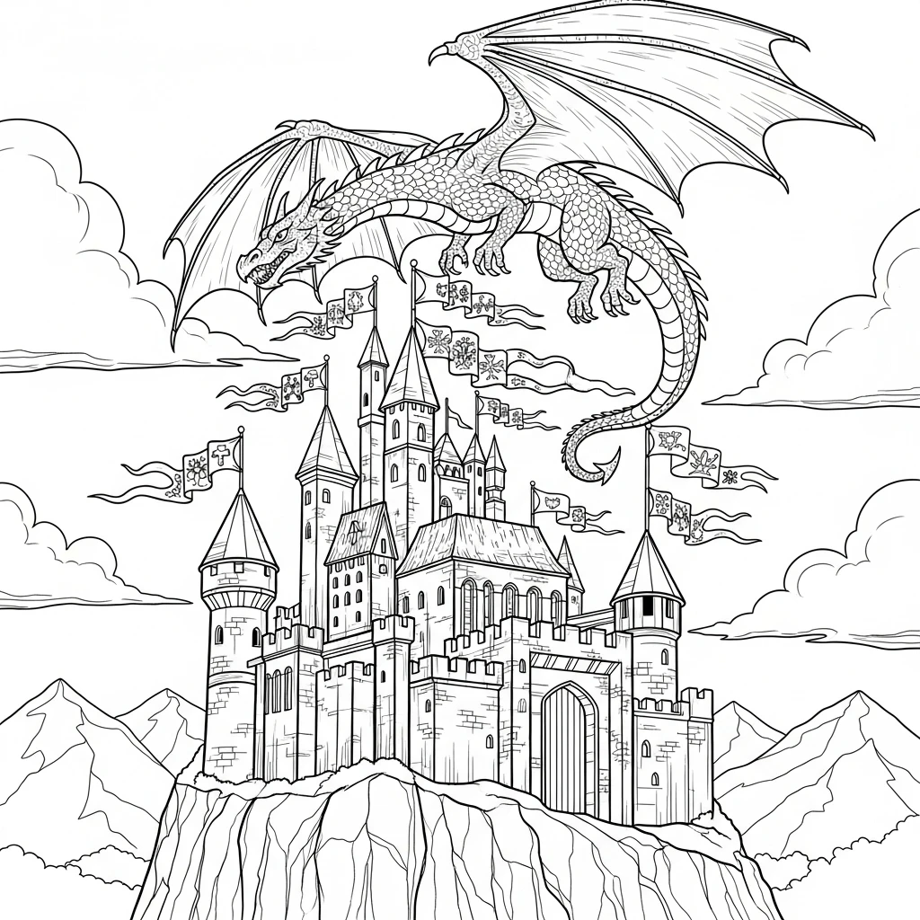 Coloriage Dragon et Château à Imprimer
