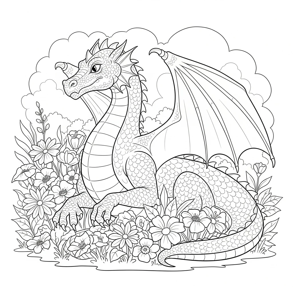 Coloriage Dragon et Fleurs à Imprimer