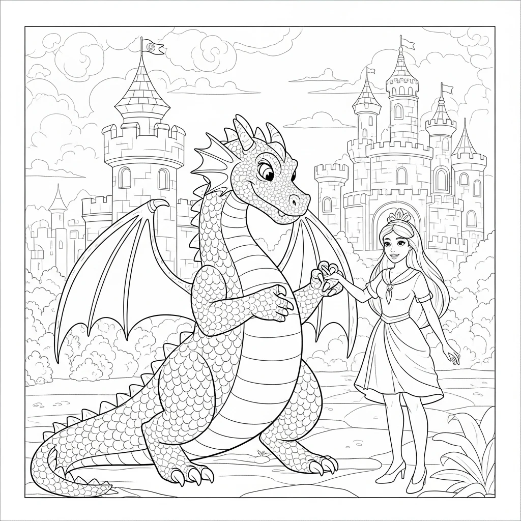 Coloriage Dragon et Princesses à Imprimer
