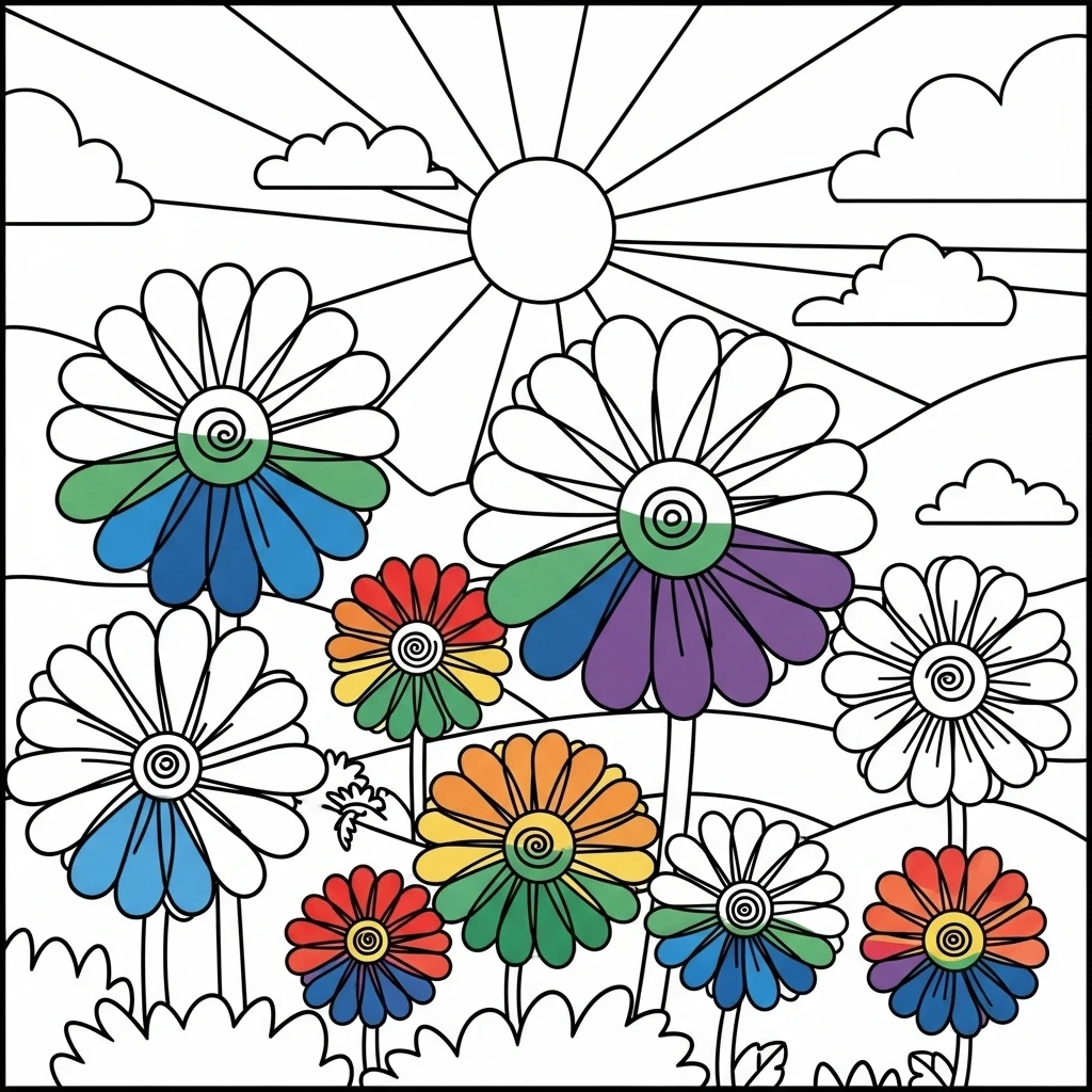 Coloriage Fleurs Arc-en-ciel à Imprimer