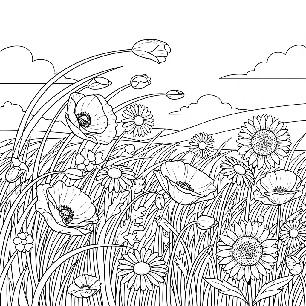 Coloriage Fleurs Dans Le Vent à Imprimer