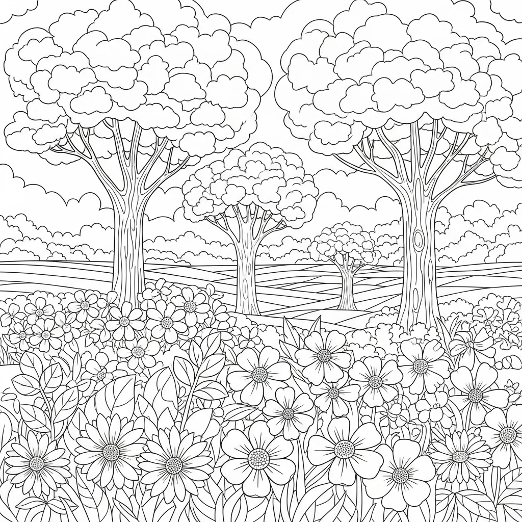 Coloriage Fleurs Et Arbres à Imprimer
