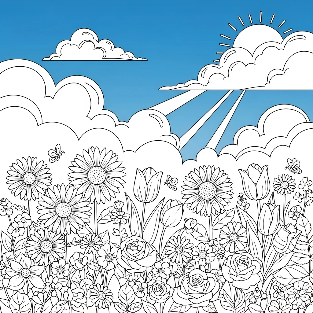 Coloriage Fleurs Et Ciel à Imprimer