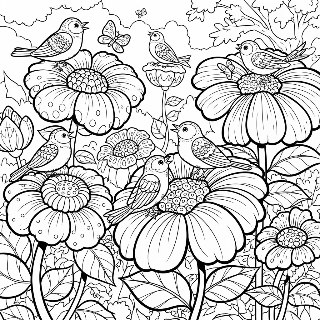 Coloriage Fleurs Et Oiseaux à Imprimer