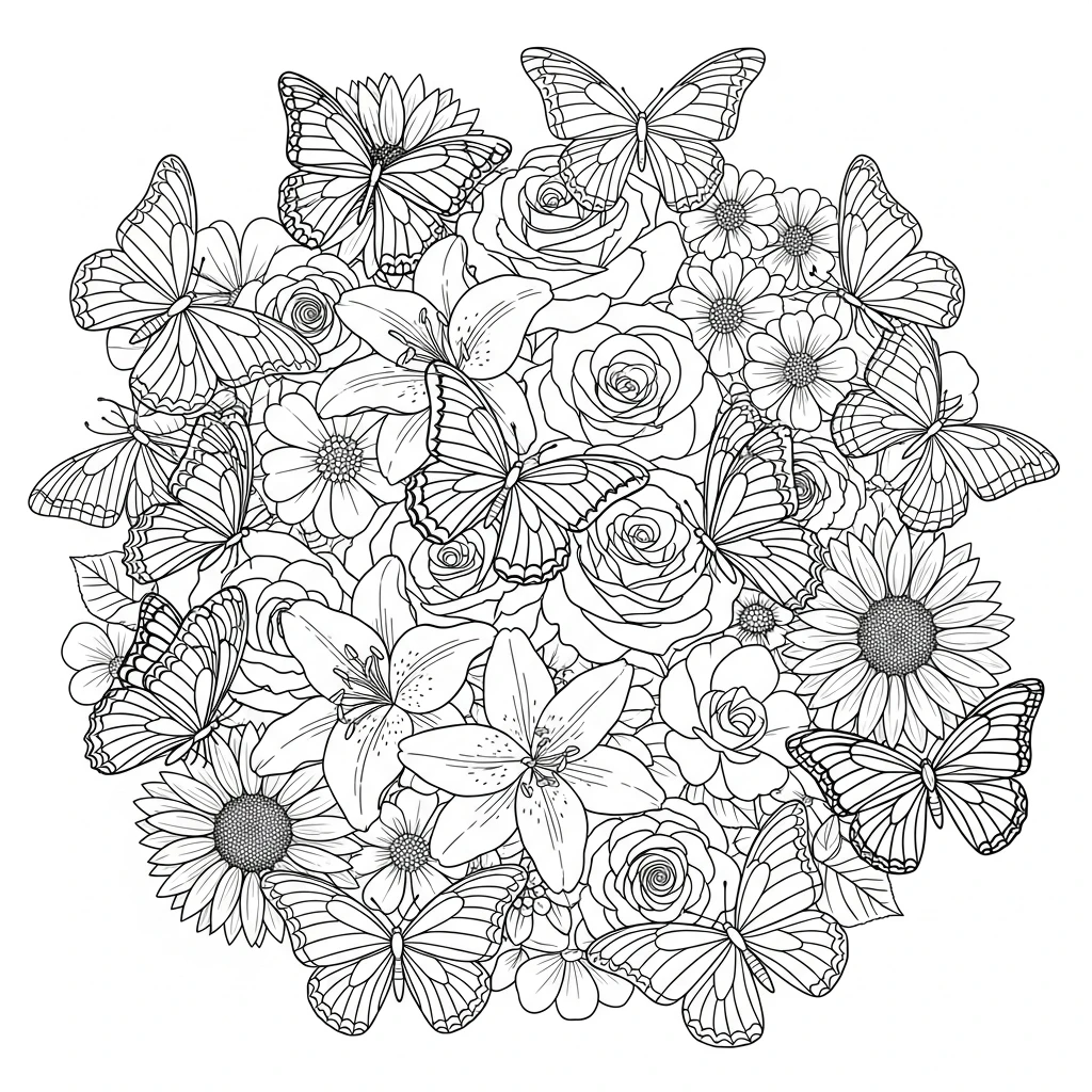 Coloriage Fleurs Et Papillons à Imprimer