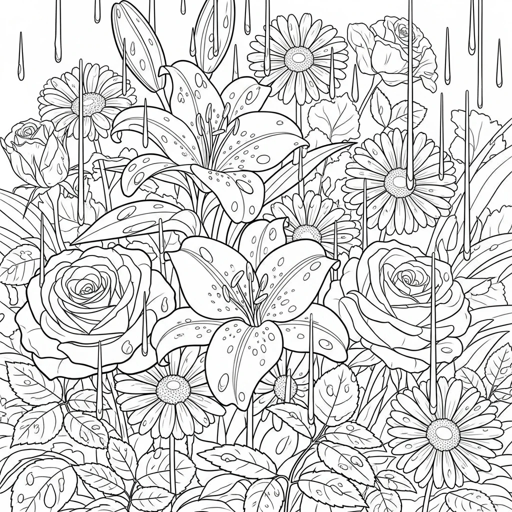 Coloriage Fleurs Sous La Pluie à Imprimer