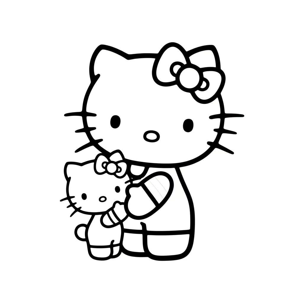 Coloriage Hello Kitty Accompagnée de Son Petit Frère à Imprimer